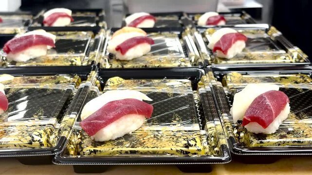 High-quality 4K stock footage showcasing rows of fresh tuna sushi nigiri and maki rolls beautifully arranged on black and gold retail trays in a commercial setting.
