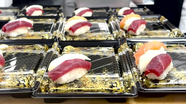 High-quality 4K stock footage showcasing rows of fresh tuna sushi nigiri and maki rolls beautifully arranged on black and gold retail trays in a commercial setting.
