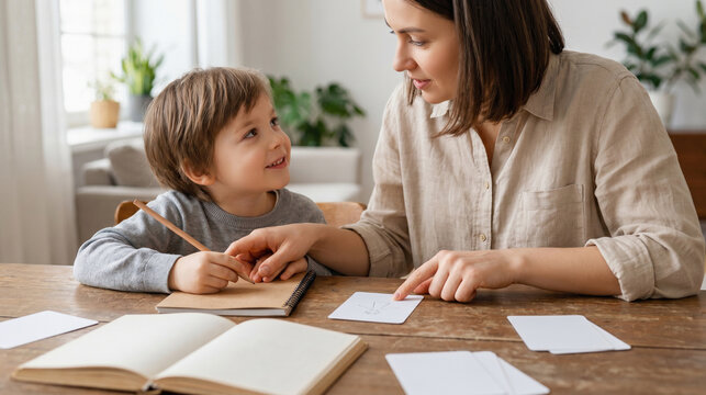 Home Close-Up Parent and Child Language Tutoring With Flashcards