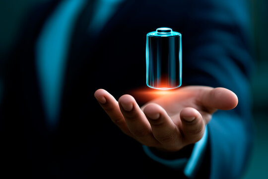 Businessman holding glowing digital battery hologram over extended open hand