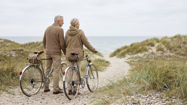 Retired Cyclists Resting on Baltic Dune Trail Overlooking a Calm Sea