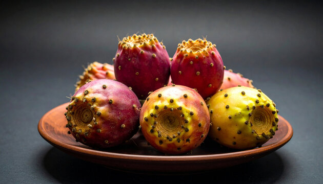 Fresh colorful prickly pear cactus fruits (Opuntia ficus-indica) served on a rustic clay plate against dark background. Exotic sweet Mediterranean and Mexican fruit for healthy food.