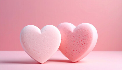 Fototapeta premium Two pink heart-shaped makeup sponges standing side by side on pink studio background. Romantic cosmetics product mockup template for Valentine's Day sale, beauty care, and skincare branding.