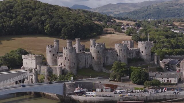 Aerial view of Conwy Castle in North Wales. Historic medieval architecture and Welsh heritage and culture