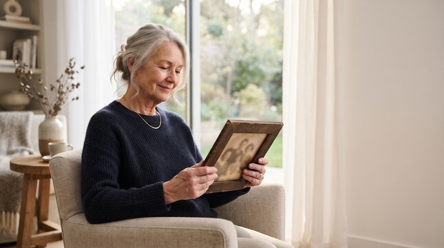 A warm and thoughtful senior woman with silver hair sits in a comfortable armchair, fondly looking at a framed photograph, bathed in natural light streaming from a large window.