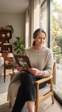A mature woman with elegant grey hair gazes at a framed photograph with a gentle smile, seated in a comfortable chair by a sunlit window, evoking a sense of cherished memory and quiet reflection.
