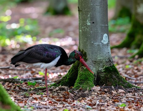 Black crow perched on fallen log in forest.