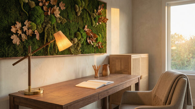 Warm Walnut Biophilic Home Office With Preserved Autumn Botanicals