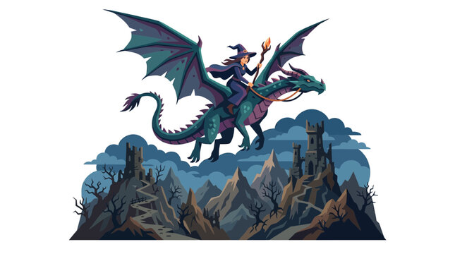 Fantasy Witch Flying Dragon Above Castle Landscape