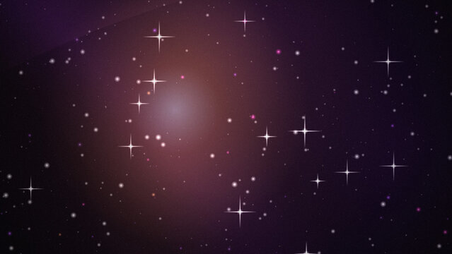 Deep space nebula with glowing four-pointed stars and soft purple haze, dark cosmic background galaxy
