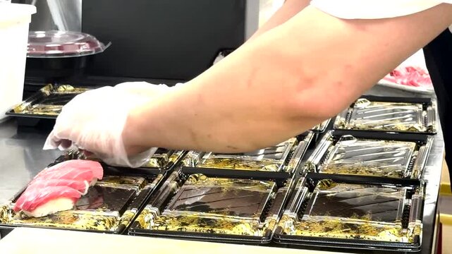 High-quality 4K stock footage showcasing rows of fresh tuna sushi nigiri and maki rolls beautifully arranged on black and gold retail trays in a commercial setting.
