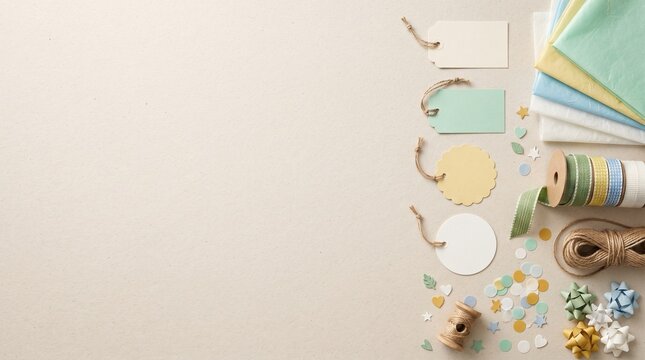 A flat lay arrangement of crafting supplies, featuring blank tags, ribbons, twine, and decorative elements, arranged on a neutral background, evoking a sense of creativity and DIY projects.