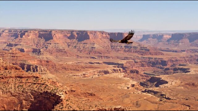 Golden eagle flying over a vast red rock desert canyon landscape