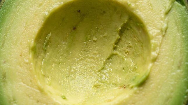 Close up of a halved avocado showing the creamy green flesh and pit cavity.
