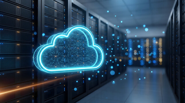 Glowing cloud computing infrastructure with connected servers and digital data, cloud technology, network security, modern information systems, digital transformation.