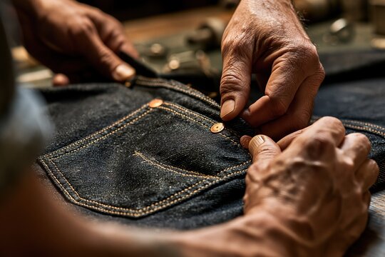 Craftsmanship in Detail: A Close-Up of Hands Sewing Jeans