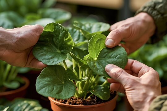 Hands Examining Leafy Plant in Pot