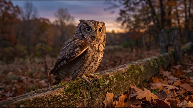 Eastern screech owl perched on a mossy wooden fence rail in autumn