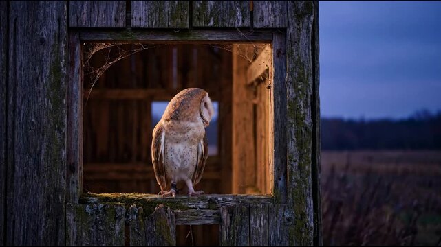 Barn owl perched in the open window of a rustic old wooden barn