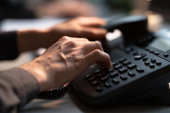 Hand typing on a vintage black telephone keypad.