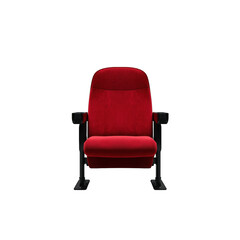 Obraz premium Single red velvet cinema theater seat with armrests and cup holder isolated on black background, for experience isolated on a transparent background