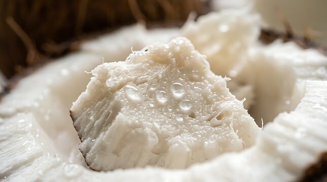 Fresh raw coconut meat chunks inside a cracked coconut shell.