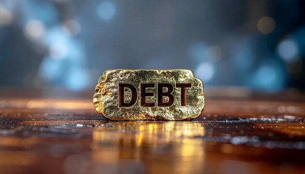 Golden debt word block on wooden surface with blurred background.