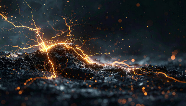 Electric Power Surge: A dramatic close-up of a powerful electrical surge crackling with orange light across dark, textured ground, illuminating sparks and dust in the air.