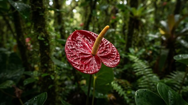Beautiful shiny red anthurium flower blooming in the middle of a dark tropical green forest