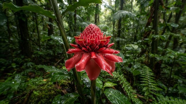 Bright red torch ginger flower blooming in the lush green tropical rainforest of bali indonesia