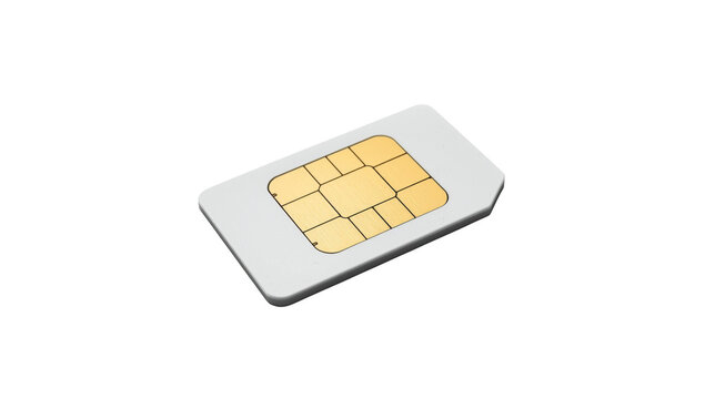 Single white sim card with gold contact chip isolated on a solid black background, technology mobile connectivity tool isolated on a transparent background