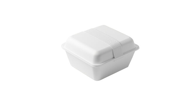Square white styrofoam food container with secure strap isolated on black background, for takeout packaging isolated on a transparent background
