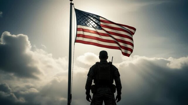 Soldier standing before an american flag