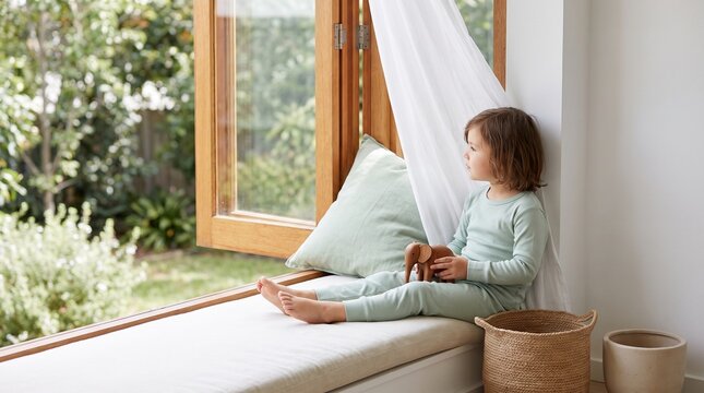 Child rests by an open window in a fresh healthy home