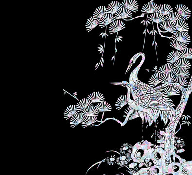 Traditional Korean mother of pearl lacquerware art with cranes and pine tree on black background