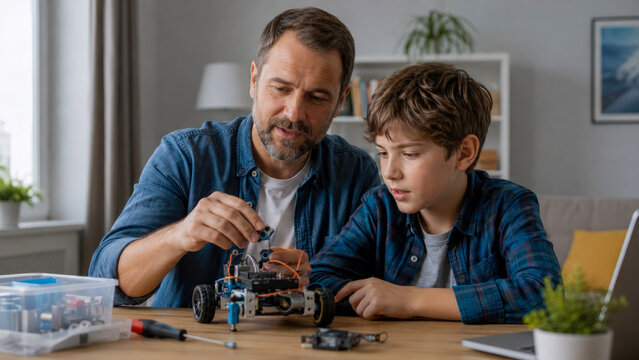 Dedicated father and his young son working together on DIY robotics project at home, focusing on engineering, education, and quality bonding time spent learning new technical skills