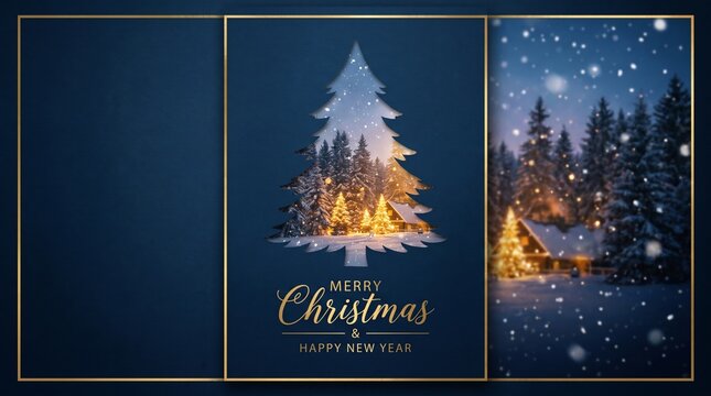 Elegant Christmas greeting card with decorated tree and winter scene  