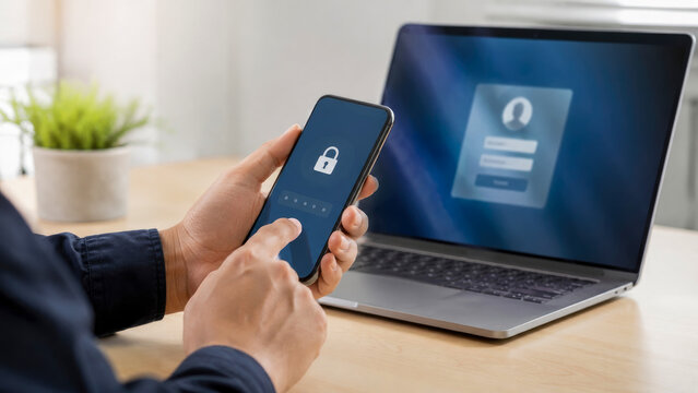 Person using smartphone for two-factor authentication or account login, featuring security lock screen icon with blurred laptop login page in office background.
