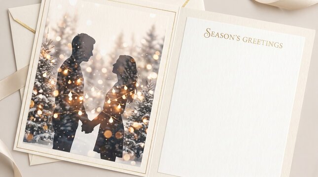 Couple holding hands in silhouette within Christmas greeting card with double exposure effect