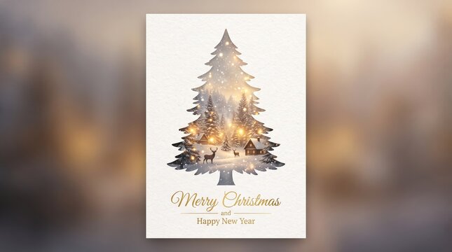 Christmas tree with lights and greeting text on soft blurred background, Creative holiday greeting card with double exposure effect