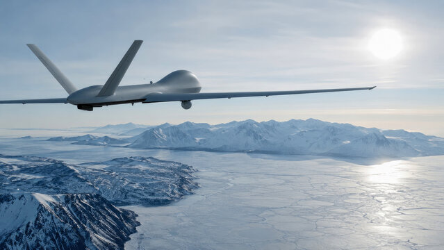 Unmanned Aerial Vehicle soaring over vast, frozen Arctic landscape with snowy mountain peaks and icy waters under bright sun, showcasing military surveillance and reconnaissance technology