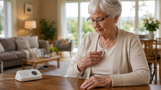 Elderly woman wearing personal medical alert emergency response pendant while sitting at table in her home, emphasizing senior safety and independent living technology