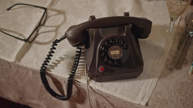 Old telephone with dim lighting. Retro rotary phone surrounded by mysterious ambiance. Old fashioned rotary telephone on table evokes mystery under subdued amber glow with shadow play