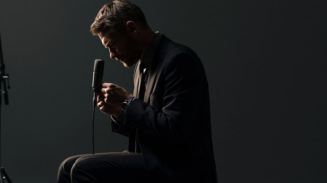 A man in a formal black suit and tie speaking into a vintage style microphone in a dark ad social media download thambnail poster web template event festival 2026 2027 2028