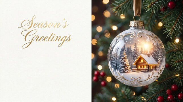 Christmas greeting cards with double exposure effect featuring glass ornament with snowy forest  