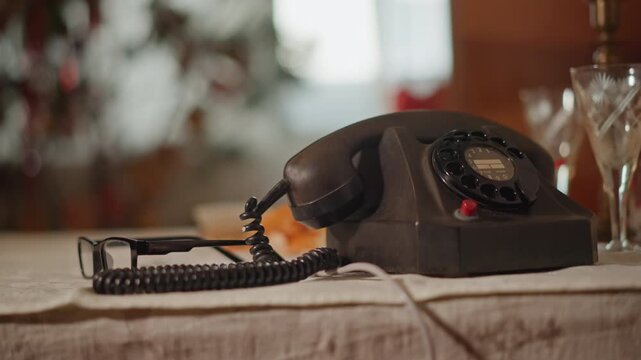 Rotary phone waiting for incoming call, glasses beside handset on linen, warm light and crystal glass catching highlights, coiled cord stretching toward doorway, hopeful quiet energy