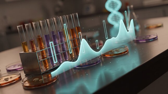 Scientific research lab with test tubes and petri dishes, glowing digital graph and DNA helix illustrating data analysis in biotechnology and chemistry.