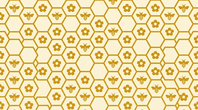 Seamless repeating vector pattern of honeycomb hexagons interspersed with small bee silhouettes and single flower blossoms, two-tone flat palette (honey gold and cream)