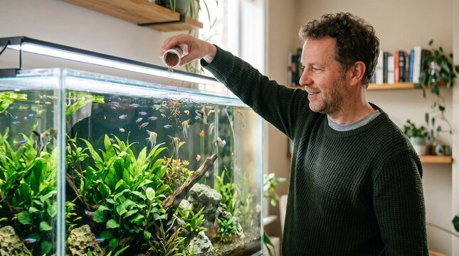 Man adding fish pellets rations on aquarium