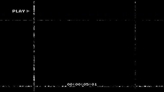 Retro VHS glitch effect with black background and white noise lines featuring play text and running timecode counter for analog video defect and filmgrain aesthetic